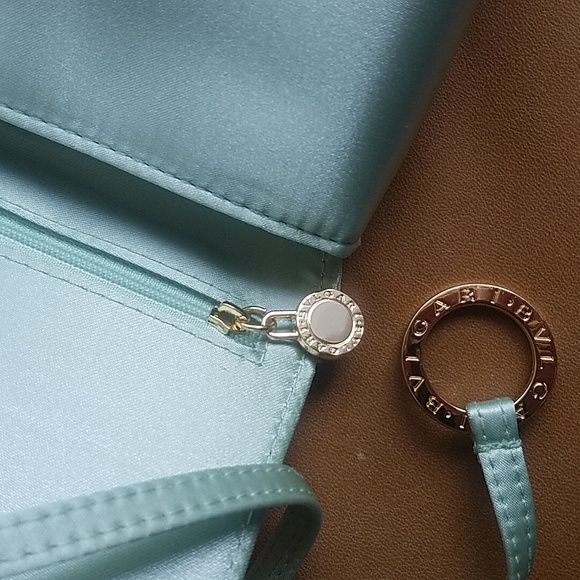 New Bulgari Satin Clutch Purse Cosmetic Bag With Gold Charms - Picture 7 of 12